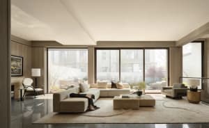 Modern living room featuring neutral-toned furniture and a spacious, open layout with floor-to-ceiling windows.