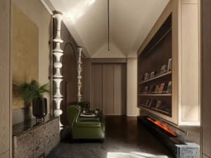 A modern living room with stone fireplace, green chairs, and marble accents