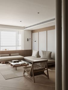 Modern minimalist living room featuring wooden furniture and a glass coffee table.