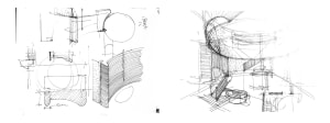 Black and white sketches on a piece of paper depicting architectural designs.