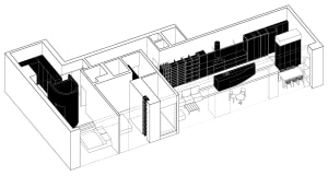 A modern apartment floor plan showing living room, dining area, kitchen, and bedrooms with contemporary design elements.