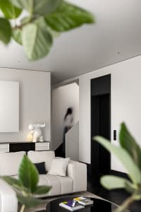 A modern living room with white furniture, black accents, and green plants.