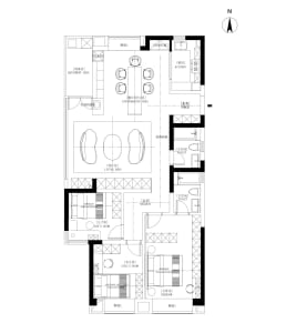 A modern residential floor plan featuring floating shelves in the living area.