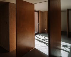 A modern, minimalist interior design showcasing an opaque wooden door with a textured surface, set against a concrete floor a