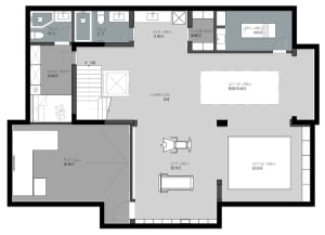 A modern residential interior floor plan showing the layout of a multi-functional living space with a bar area, cloak room, s