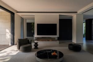 Modern residential interior with minimalist design, featuring a black fireplace, gray carpet, and round coffee table.