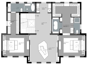 Modern residential layout with minimalist design, featuring grey tones and a contemporary floor plan.