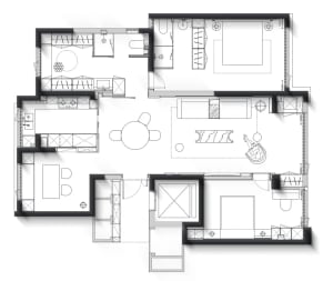 Floor plan of a modern residential interior featuring contemporary furniture and space-saving design.