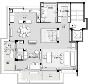Modern residential floor plan with kitchen, dining room, and living room.