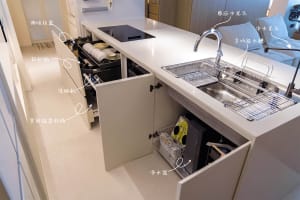 A modern kitchen with white cabinets, stainless steel appliances, and an island with an integrated sink and storage solutions