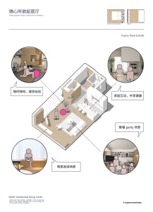 A modern living room with storage options, featuring multiple activities such as reading, exercising, and party scenes.