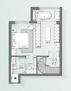A detailed 2D architectural drawing of a modern residential space with a bedroom, bathroom, closet, and stairs.