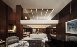 Modern hotel suite featuring marble and wooden finishes.