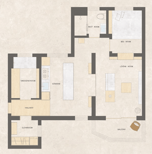 Floor plan of a modern house showing interior layout, including living room, dining area, bedroom, and balcony.