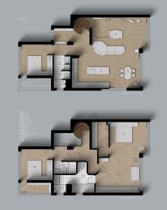 Modern architectural floor plan featuring a living room, kitchen, and bedroom.