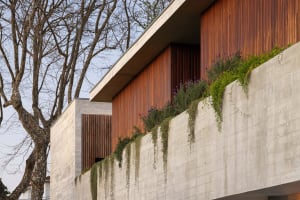 Modern architectural design featuring concrete and wooden materials