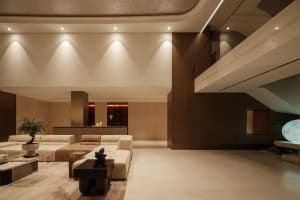 modern, minimalist living room with concrete walls and floors