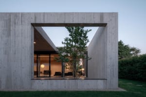 Concrete exterior of a minimalist home with a large triangular cut-out revealing a tree and interior space.