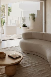 A minimalist living room featuring a curved sofa, round coffee table, and indoor plants.