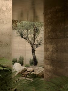 A minimalist landscape featuring a tree surrounded by concrete columns and rocks.