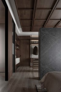 Modern closet with wooden paneling and LED lighting.
