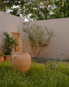 An outdoor garden with terracotta planters, greenery, and a rustic wooden door.