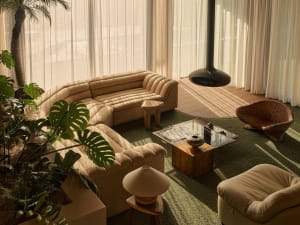 A modern minimalist living room with a contemporary fabric sofa, wood coffee table, and decorative vase.