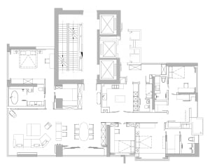 A detailed black and white architectural floor plan of a modern residential or commercial building.