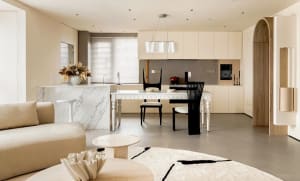 Modern minimalist kitchen featuring marble countertops and minimalist furniture.
