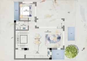 A modern interior design layout featuring a living room with a dining area, kitchen, and bathroom.