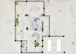 Modern home layout featuring an open space with marble finishes and a cozy living area.