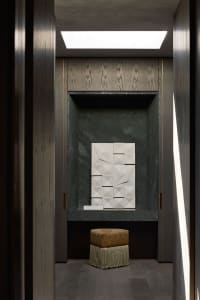 A modern office space featuring metallic decor elements.