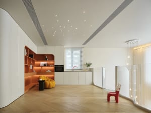 Modern living room with wooden floors, white walls, and orange shelves.