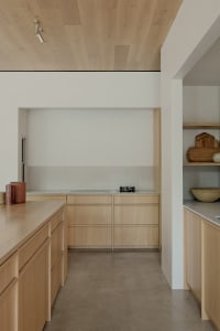 Modern minimalistic kitchen featuring concrete flooring and wood cabinetry.