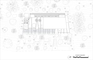 A detailed architectural plan depicting a modern residential structure with indoor and outdoor spaces.