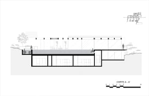Schematic drawing of a residential house with extensive glass walls and concrete elements.