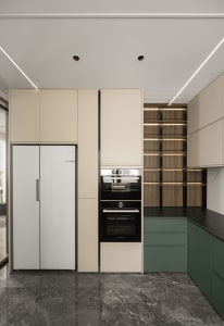 Modern, minimalist residential kitchen featuring marble countertops and metallic accents.