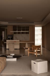 Contemporary living room featuring wood, marble, and glass materials.