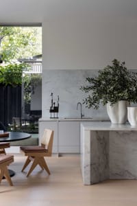 A contemporary kitchen with marble countertops and white cabinets, featuring a sleek sink and a large potted plant.