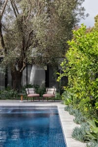 Modern poolside area with two chairs, plants, and a swimming pool.