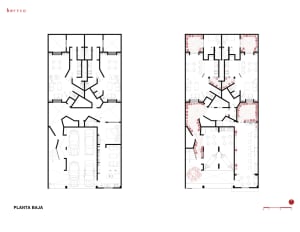 Detailed architectural blueprint of the ground floor of a residential facility, featuring rooms, corridors, and other functio