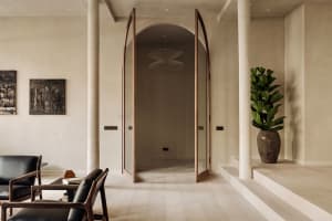 A minimalist living room with beige walls, wooden flooring, and a plant in a vase on a step.