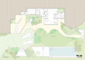 Modern residential architectural plan depicting floor layout and outdoor area with greenery and a pool.