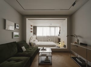 A bedroom with modern design featuring neutral tones and a built-in bed area.
