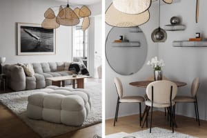 Modern living room and dining room set featuring grey upholstered furniture, wooden dining table, and decorative lighting.