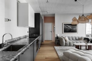 modern living space with marble countertops and beige sofa