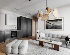 A minimalist living room featuring modern furniture with textured fabrics, wood, and marble surfaces.