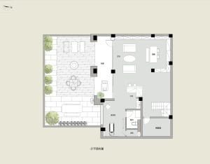 Modern living space floor plan with open plan layout and light-filled rooms.