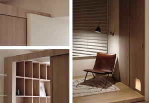 Modern studio apartment featuring wooden furniture and engraved patterns.