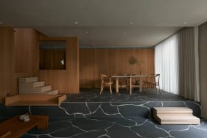 A modern living room with dark wood flooring, wooden furniture, and a minimalistic design.